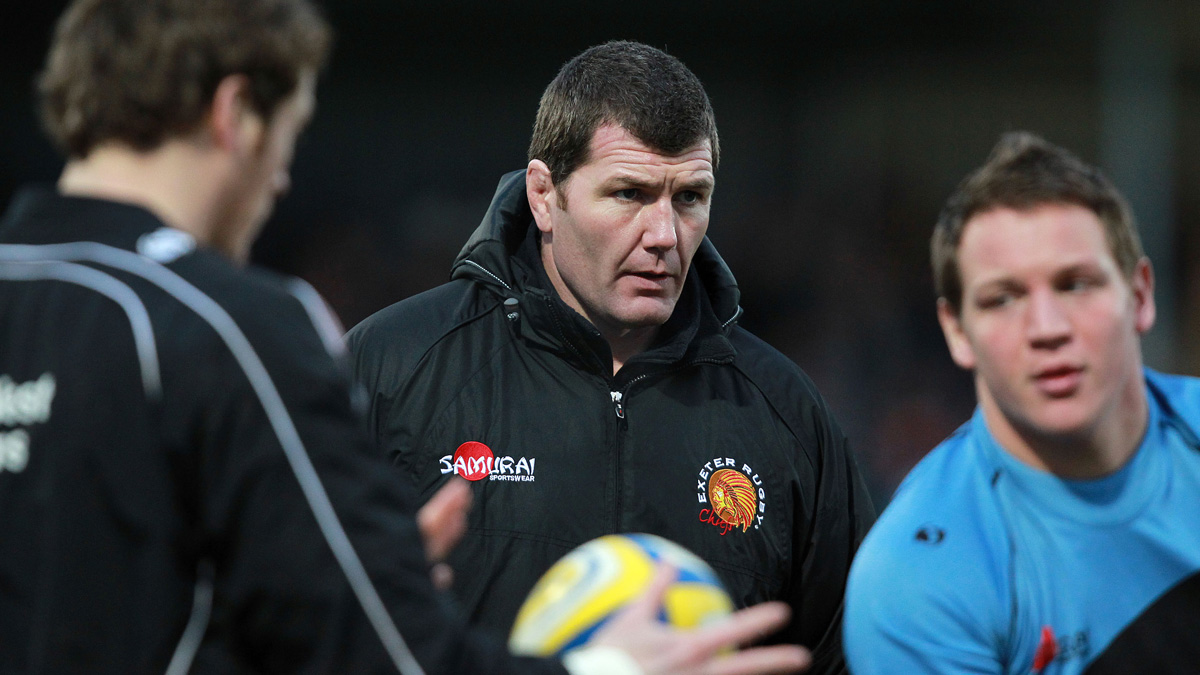Rob Baxter during warm-up before a match between Exeter Chiefs and Leicester Tigers in the club’s inaugural season in England’s top flight