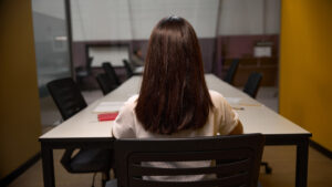 Unrecognised female is working in the meeting room