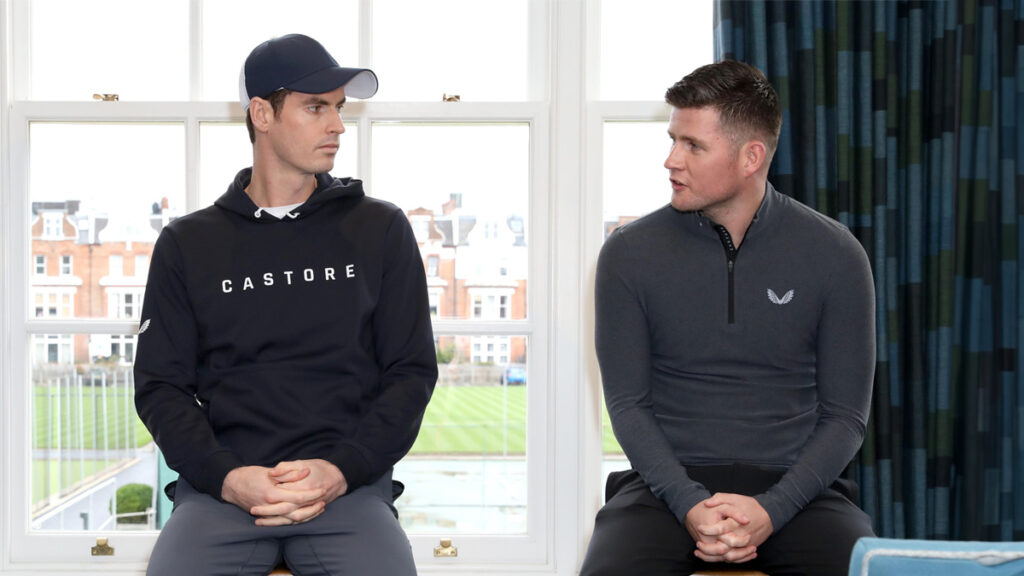 Andy Murray speaks with Tom Beahon at the Castore and Andy Murray Press Conference at The Queen's Club on March 06, 2019 in London