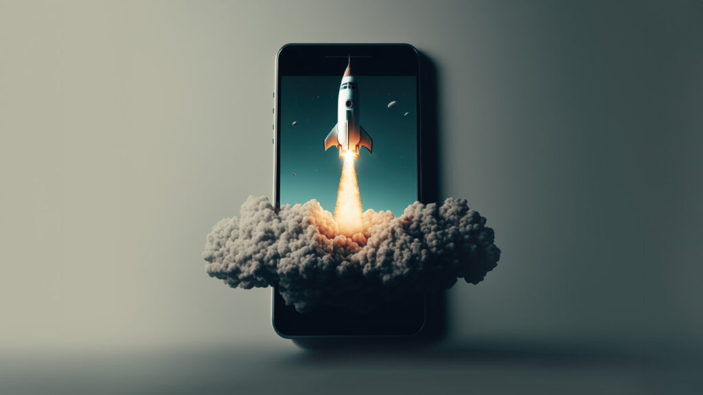 Rocketship taking off on a mobile device