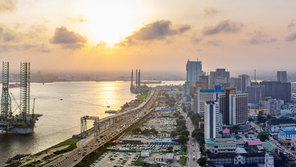 A panorama shot of cityscape of Lagos Island, Nigeria at sunset