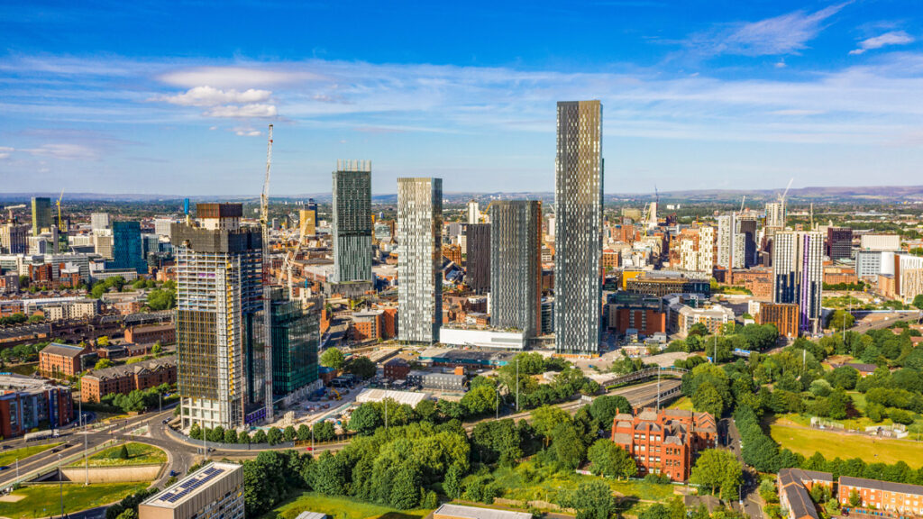 Aerial shot of Manchester UK on a beautiful summer day