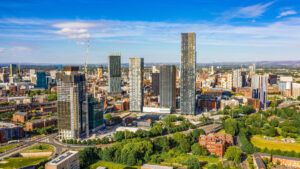 Aerial shot of Manchester UK on a beautiful summer day