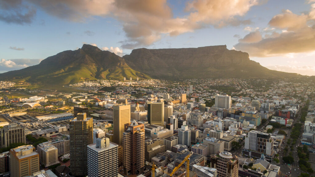 An aerial view of Cape Town central business district showing Table Mountain