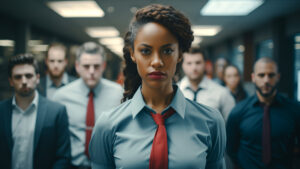 Gender Inequality in the Workplace concept black woman in an office surrounded by men