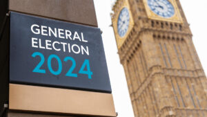 General Election 2024 sign in front of Westminster