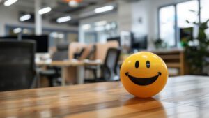 Smiling emoji on a desk in an office