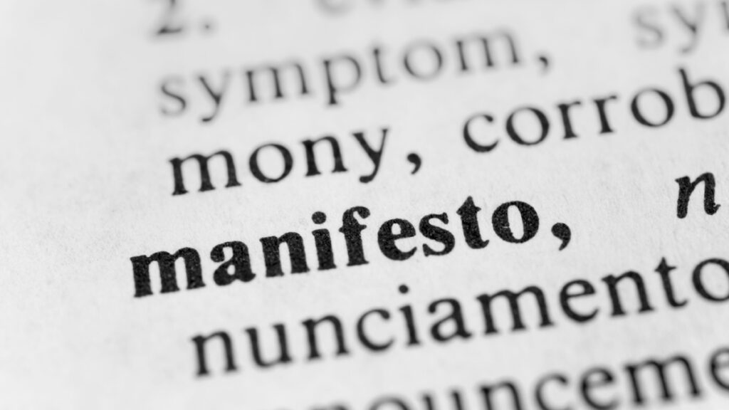 The word manifesto in a dictionary