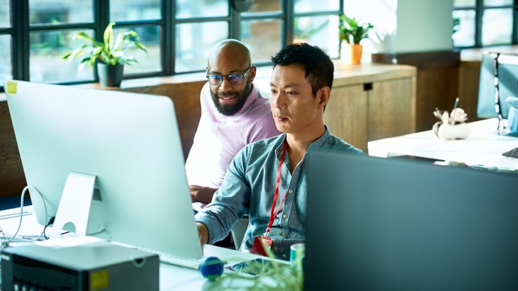 Computer programmer working with male colleague in office