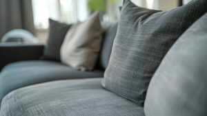 A detailed close-up of a grey sofa, showcasing its Scandinavian design in a minimalist and modern home interior
