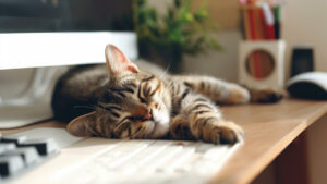 Adorable tabby cat sleeping peacefully beside a computer on a wooden desk in warm sunlight