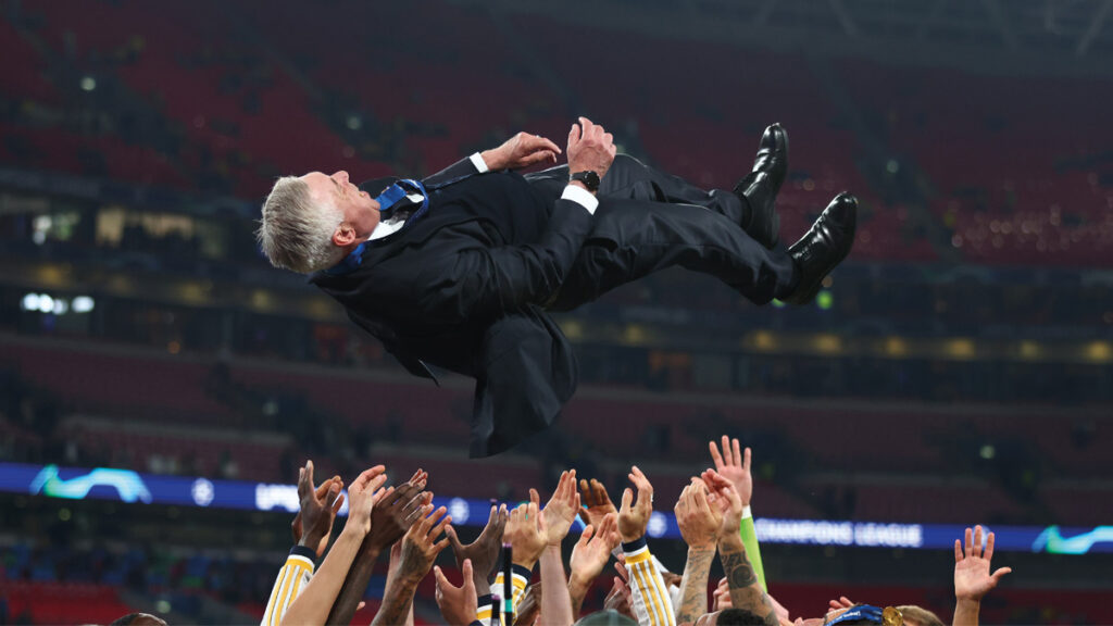 Carlo Ancelotti Manager of Real Madrid is thrown into the air by his players after the UEFA Champions League 2023.24 final match