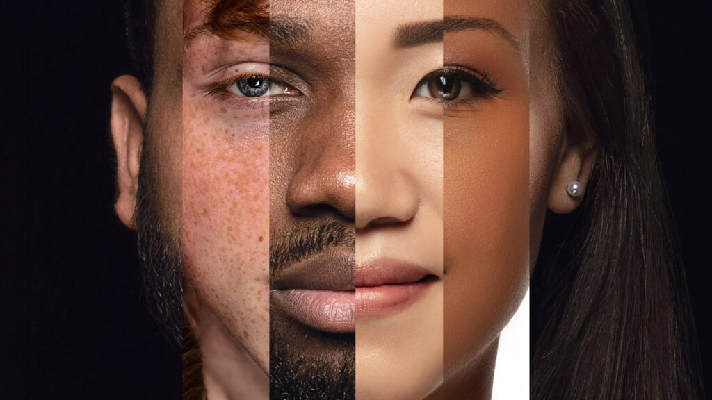 Human face made from different portrait of men and women of diverse age and race