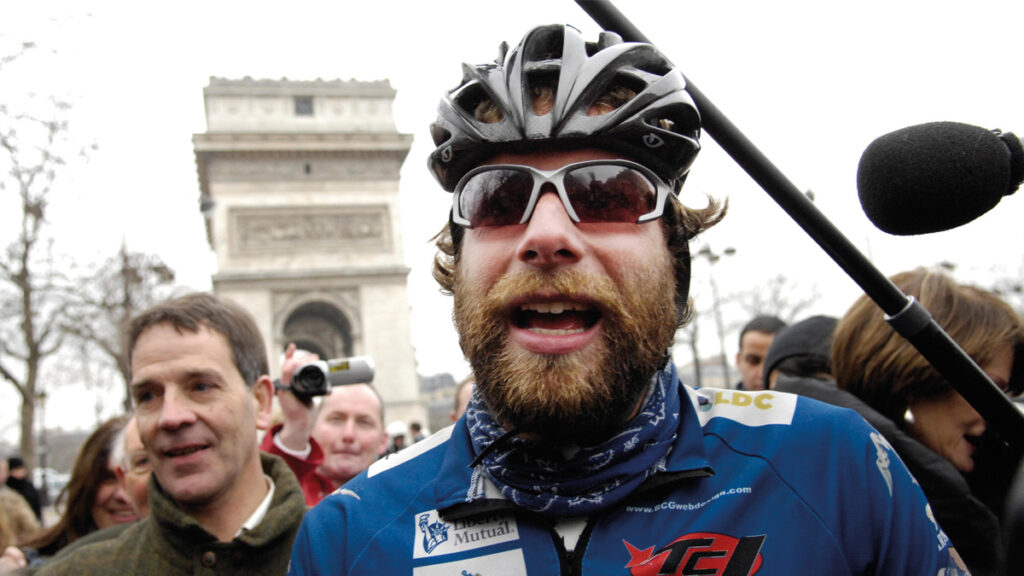 Mark Beaumont arrives in Paris after completing his circumnavigation of the globe by bicycle in 2008