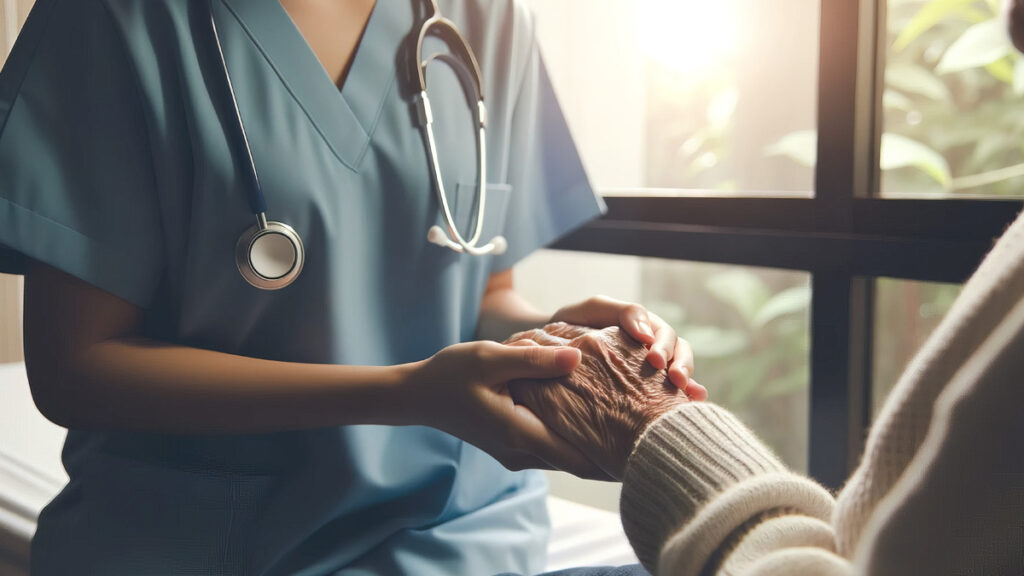 Nurse gently holding the hand of an elderly patient