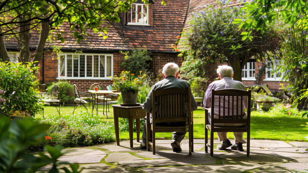 Senior friends sitting in a garden