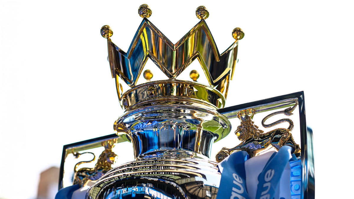 A detailed view of the Premier League trophy ahead of the Premier League match between Chelsea and Manchester City