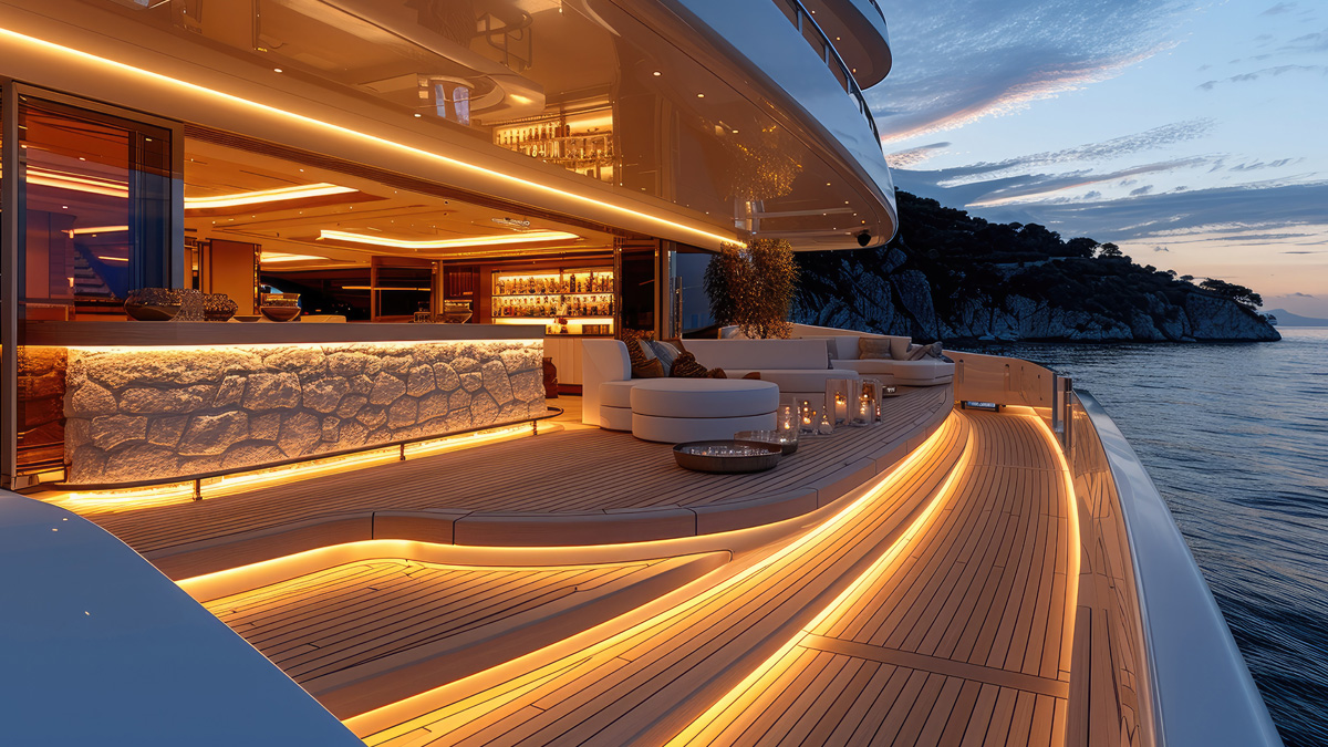 A large outdoor lounge and backlit stone bar with teak decking and white furniture on a super yacht