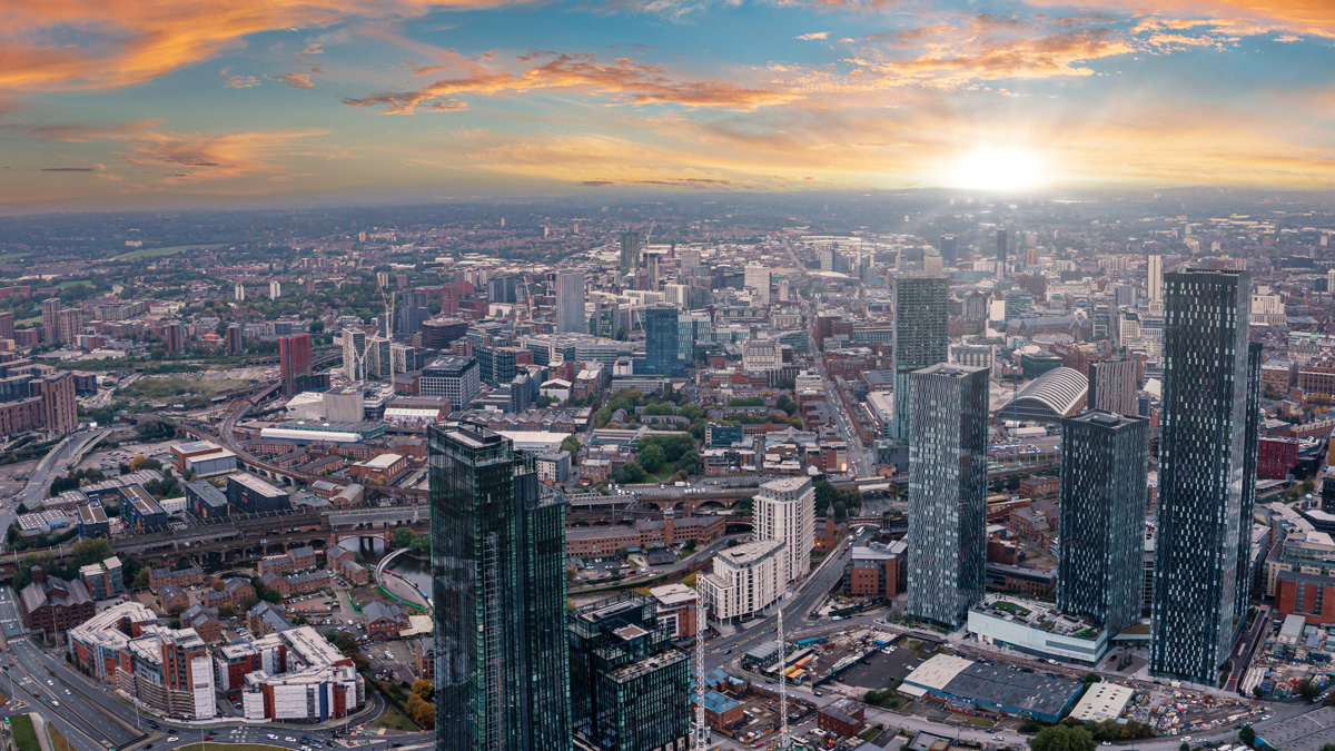 Aerial view of Manchester city in UK on a beautiful sunny day