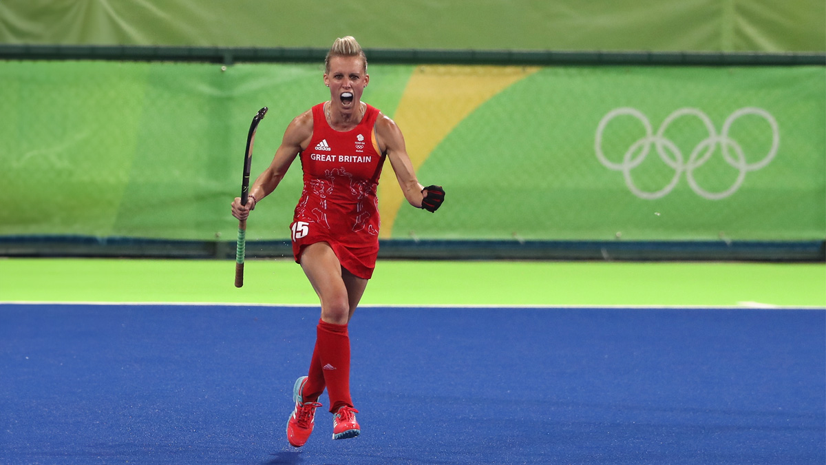 Alex Danson celebrates after scoring her second goal during the Women's hockey semi-final match between New Zealand and Great Britain at the Rio 2016 Olympic Games