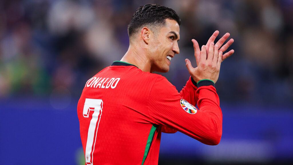 Cristiano Ronaldo of Portugal applauds during the UEFA EURO 2024 quarter-final match between Portugal and France