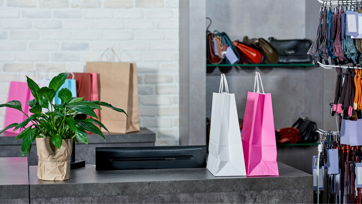 Paper bags and green potted plant in shop