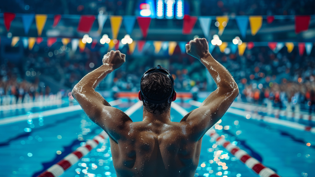 Swimmer Celebrating Victory with Scoreboard and Cheering Crowd