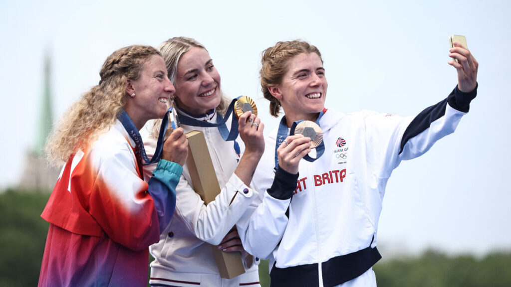 The victory ceremony for the women's individual triathlon at the Paris 2024 Olympic Games