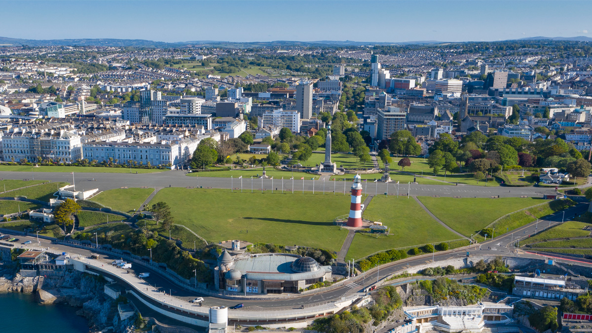 An aerial view of Plymouth