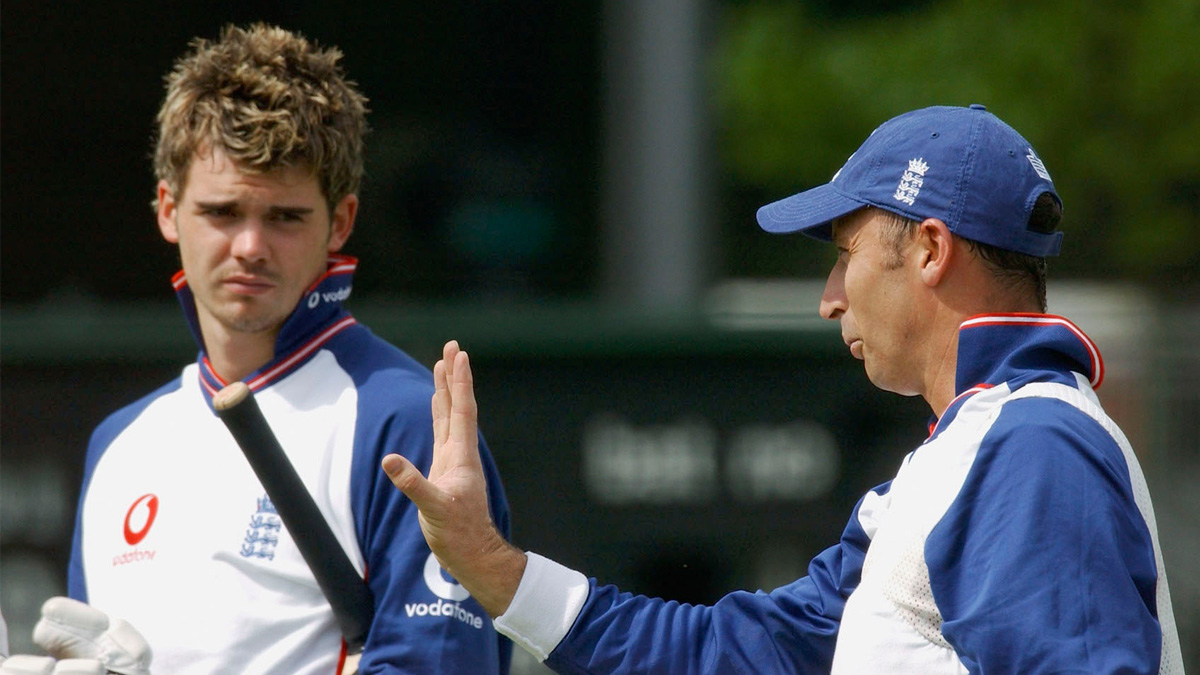 England captain Nasser Hussain talks to James Anderson prior to the first Test between England and Zimbabwe in 2003