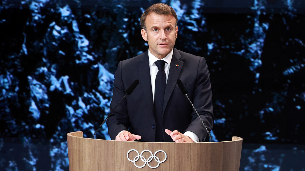 French president Emmanuel Macron addresses during a IOC Session meeting