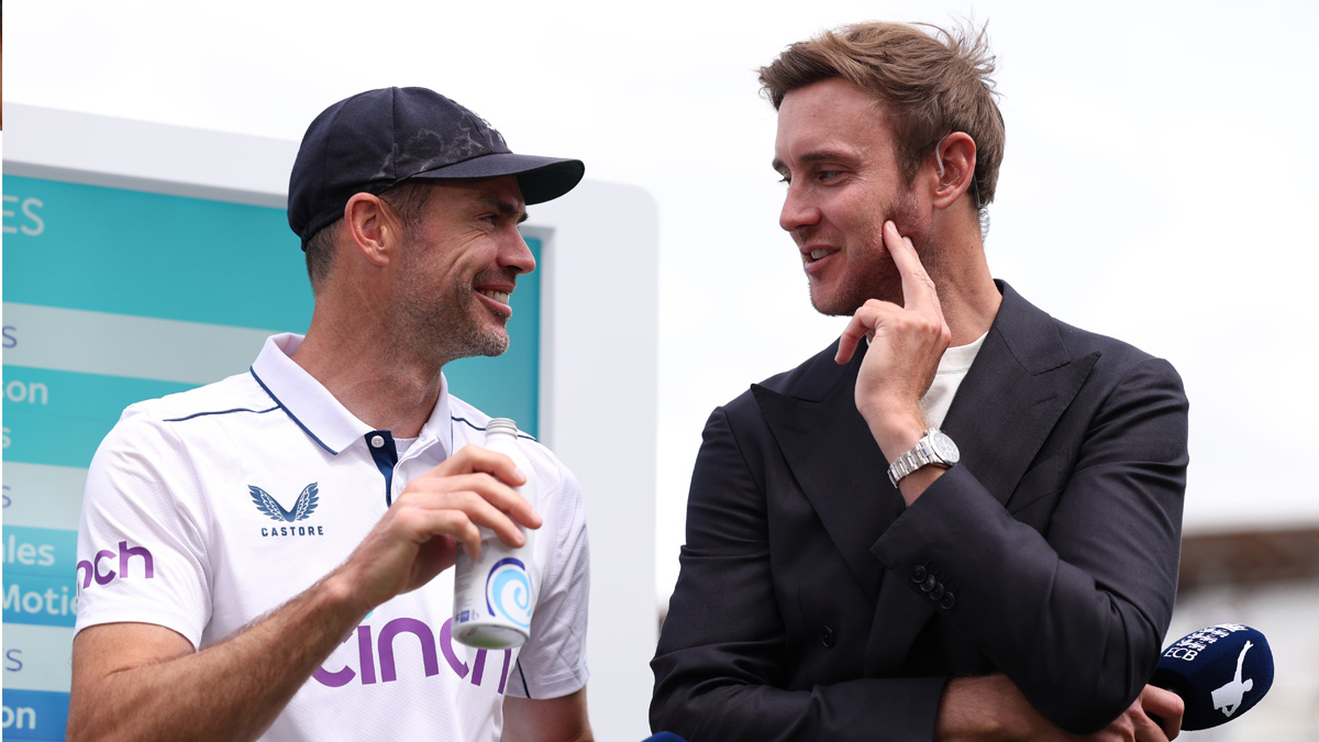 James Anderson of England speaks to Stuart Broad on Sky Sports