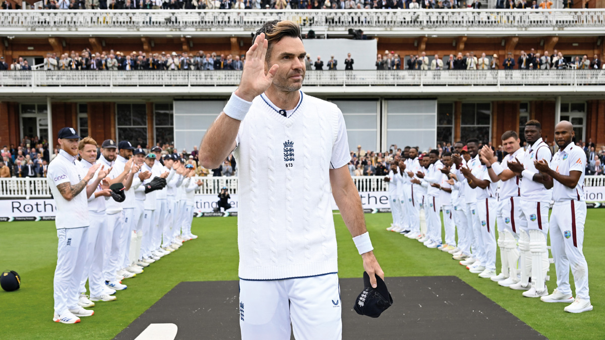 James Anderson of England walks through the guard of honour on his final test appearance