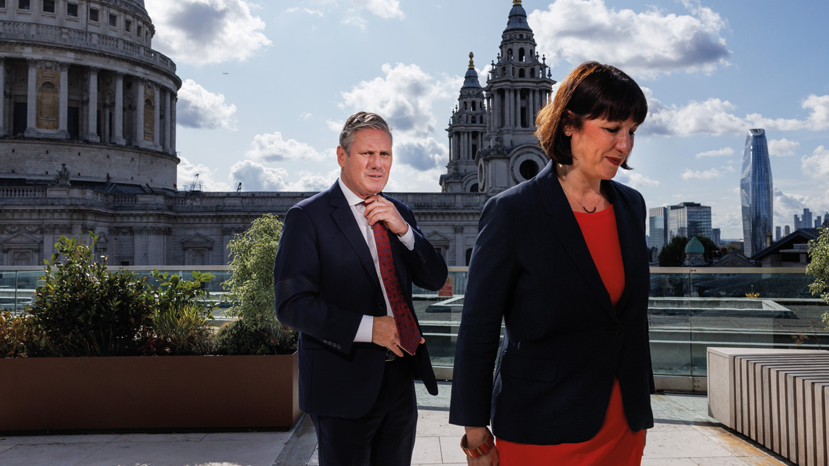 Keir Starmer and Rachel Reeves leave after an interview at the London Stock Exchange