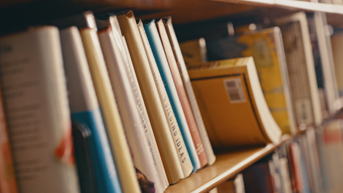 Library, research and row of books on bookshelf for reading, knowledge and educational learning