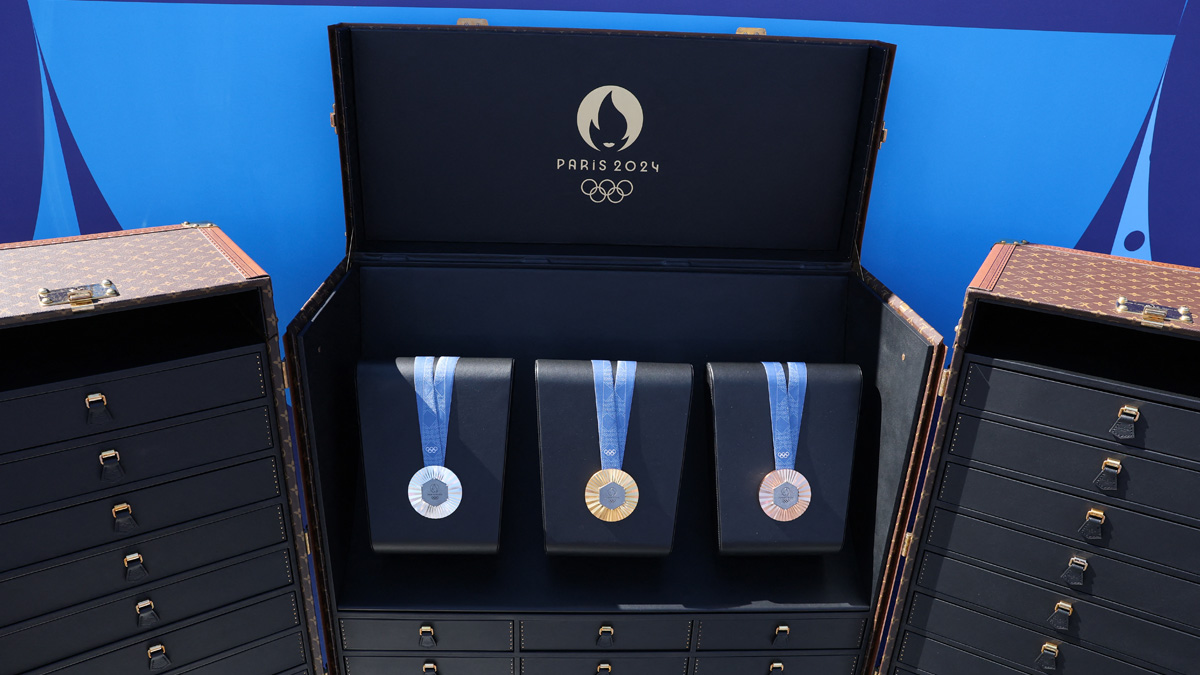 Gold, silver and bronze medals are displayed on a custom-designed trunk by Louis Vuitton for the Paris 2024 Olympic Games