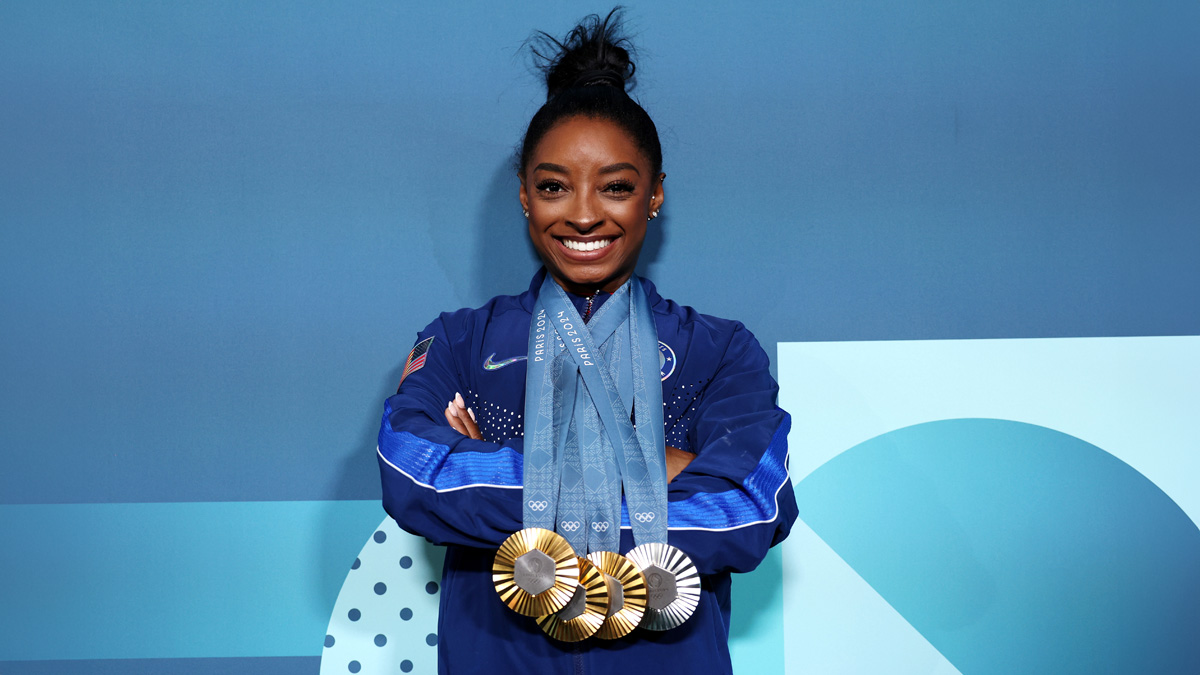 Simone Biles of Team United States poses with her Paris 2024 Olympic medals