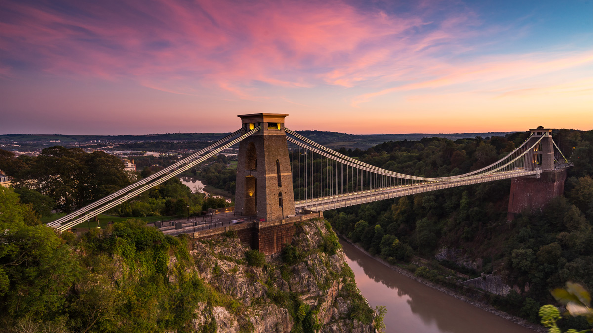 View of the Clifton suspension Bridge at sunset in Bristol