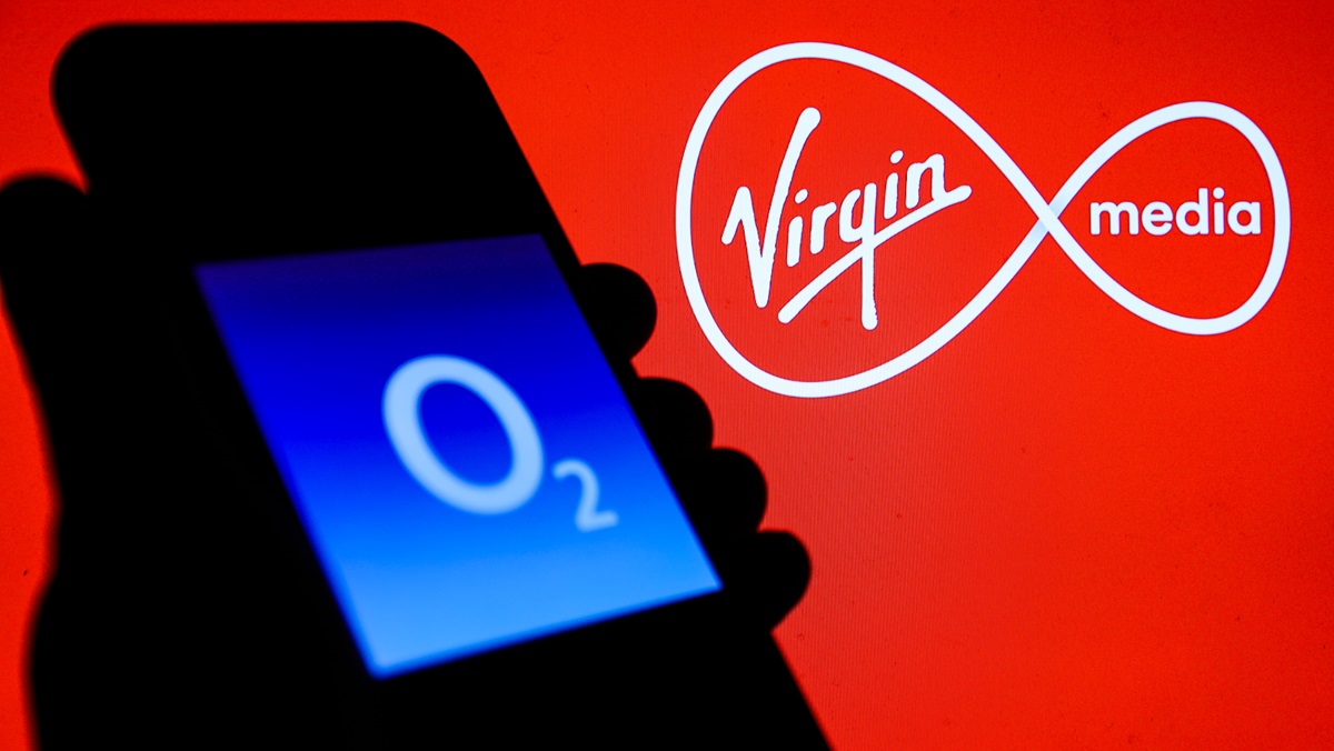 O2's logo on a phone and Virgin Media's logo in the background