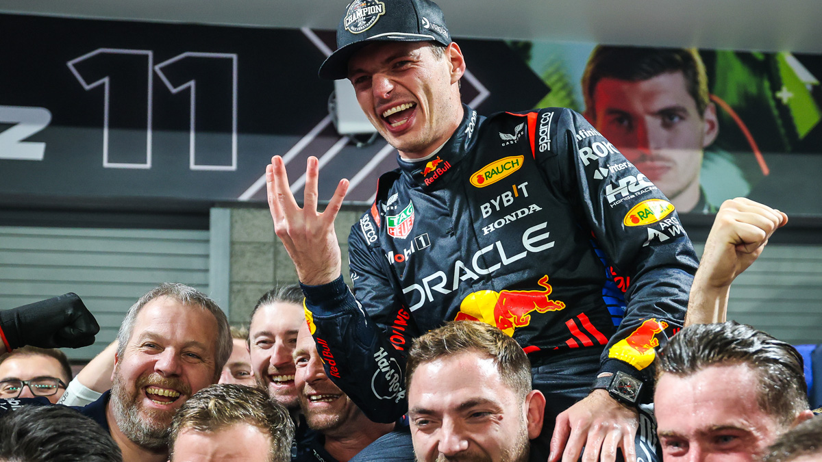 Max Verstappen celebrates his fourth World Drivers' Championship after the F1 Grand Prix of Las Vegas