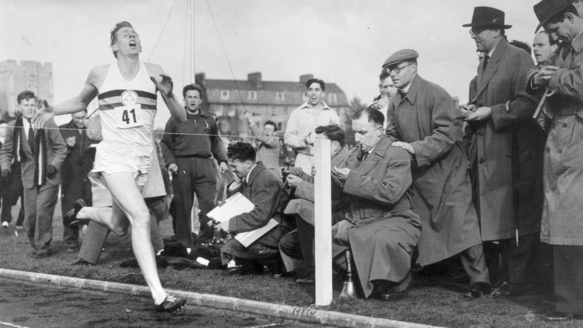 Roger Bannister about to cross the tape at the end of his record breaking mile run