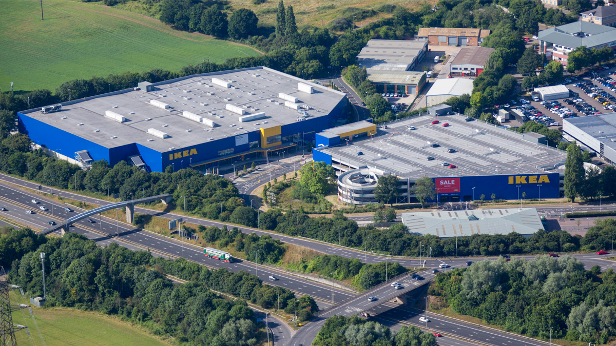 Aerial view of the Ikea superstore and warehouse in Reading