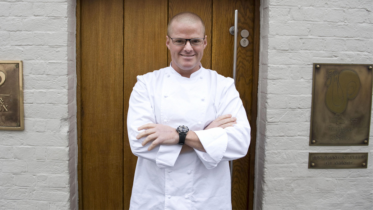 British Chef Heston Blumenthal is pictured at the entrance to the Fat Duck restaurant