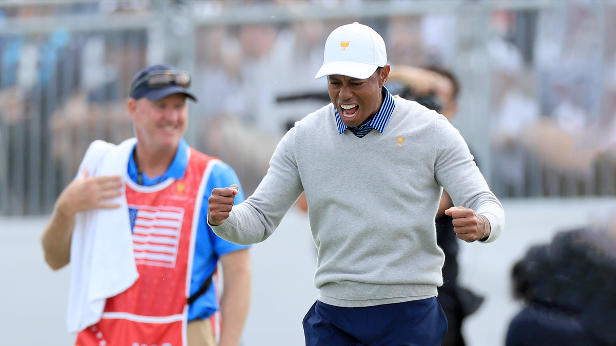 Tiger Woods celebrates at 2019 Presidents Cup in Melbourne, Australia